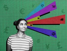 Collage of financial banking symbols with portrait of young woman.