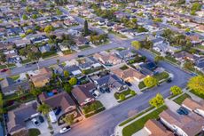 California suburbs at night from a drone point of view