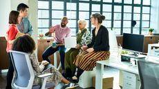 A small business has a team meeting in an office.